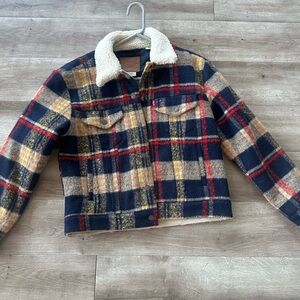 Levi's Blue and Red Jean Jacket with Cozy Sherpa Collar